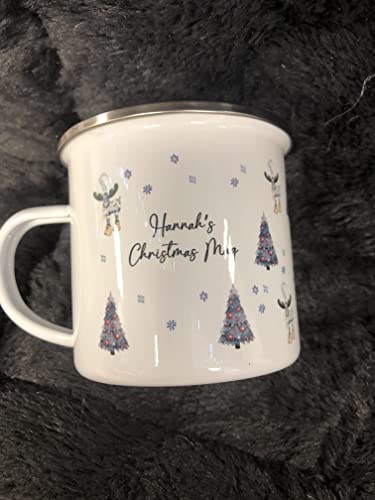 Personalised Christmas Mug, Custom Festive Design with Name, Hot Chocolate Enamel Mug, Christmas Eve Box Fillers, Gifts For Kids