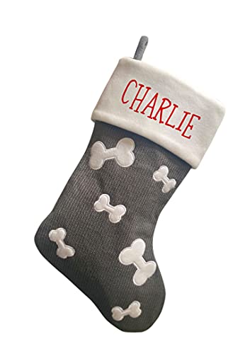 Personalised Christmas Deluxe Pet Dog Stocking - Grey Knitted bone design