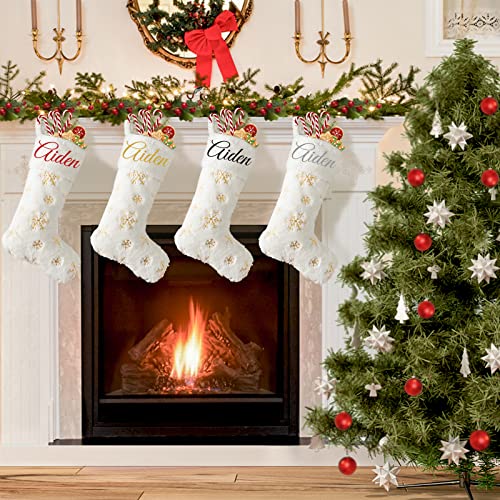 DecroXmas Personalised Christmas Stockings White Plush 4 Pack Silver and Gold Sequin Snowflake Embroidery Stockings Bulk Candy Bag for Fireplace