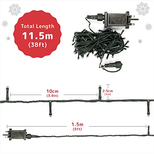 Prextex 100-Count LED Warm White Christmas Lights -11.5m Green Wire for Christmas Tree, Xmas Decorations, Bedrooms, Holiday, Party, Home, Indoor and Outdoor String Lights | Mains Powered with 8 Modes