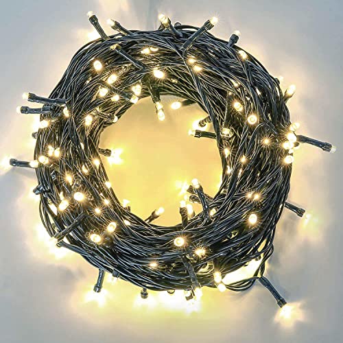 SHATCHI 100 LEDs Fairy String Lights Warm White Indoor/Outdoor Christmas Tree/Home/Party/Wedding/Garden Decorations Green Cable 8 Modes Mains Powered Memory Auto Timer