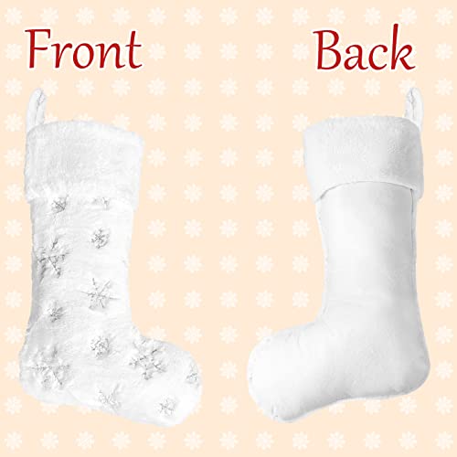 DecroXmas Personalised Christmas Stockings White Plush 4 Pack Silver and Gold Sequin Snowflake Embroidery Stockings Bulk Candy Bag for Fireplace