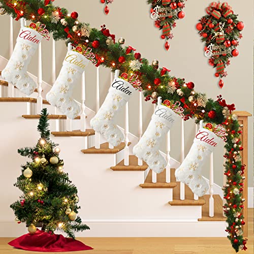 DecroXmas Personalised Christmas Stockings White Plush 4 Pack Silver and Gold Sequin Snowflake Embroidery Stockings Bulk Candy Bag for Fireplace