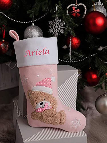 Hoolaroo Personalised Christmas Stocking Boot Sock Xmas Deluxe Baby Christmas Traditional 40cm PINK Girl Baby First Christmas Babies 1st year