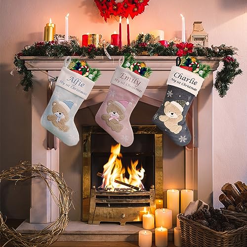 Hoolaroo Personalised Christmas Stocking Boot Sock Xmas Deluxe Baby Christmas Traditional 40cm PINK Girl Baby First Christmas Babies 1st year