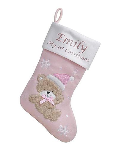 Hoolaroo Personalised Christmas Stocking Boot Sock Xmas Deluxe Baby Christmas Traditional 40cm PINK Girl Baby First Christmas Babies 1st year