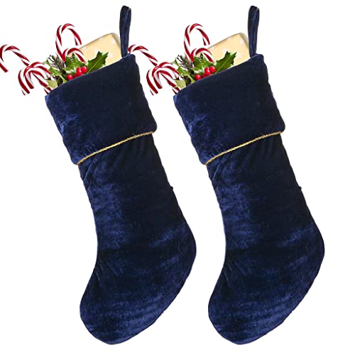 Dibor Christmas Stocking Set of 2 Blue Velvet Gold Braided Traditional Gift Present Stockings - H36cm