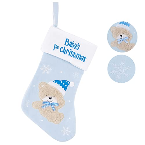 The Magic Toy Shop Baby's 1st Christmas Stocking Hanging Decoration Holiday Ornament Gift Holder (Blue)