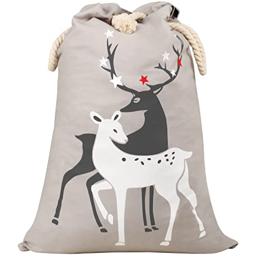 TRIXES Large Grey Canvas Christmas Stocking Reindeer Sack/Bag 70cm x 45cm - Perfect for Xmas Presents or Improving Your Stocking Gifts - Great for Kids/Adults
