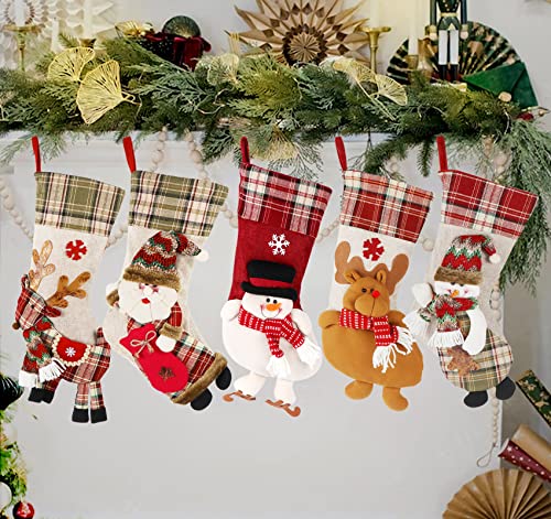 ABSOFINE Christmas Stocking 18" Large Xmas Sock Burlap Plaid Stockings with Personalized 3D Design Snowflake Santa Snowman Reindeer for Family Christmas Tree Gift, Set of 5