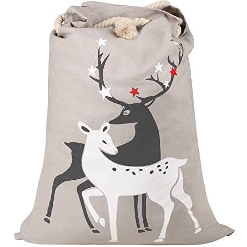 TRIXES Large Grey Canvas Christmas Stocking Reindeer Sack/Bag 70cm x 45cm - Perfect for Xmas Presents or Improving Your Stocking Gifts - Great for Kids/Adults