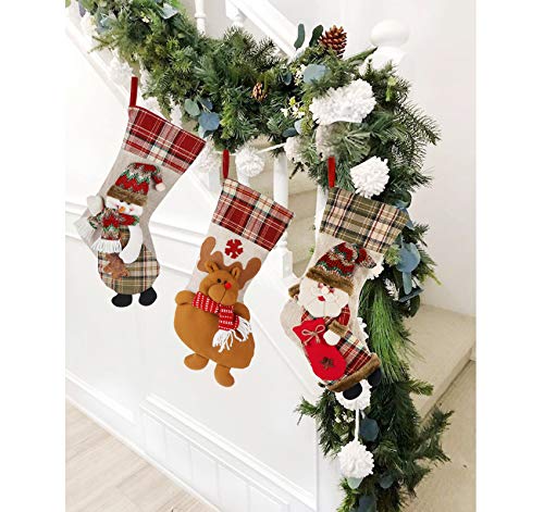 ABSOFINE Christmas Stocking 18" Large Xmas Sock Burlap Plaid Stockings with Personalized 3D Design Snowflake Santa Snowman Reindeer for Family Christmas Tree Gift, Set of 5