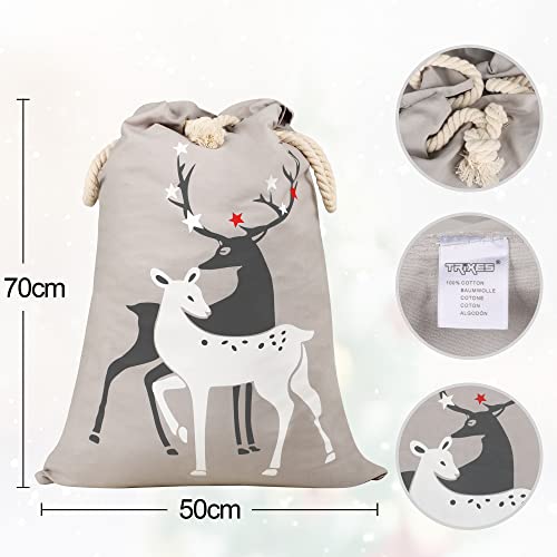 TRIXES Large Grey Canvas Christmas Stocking Reindeer Sack/Bag 70cm x 45cm - Perfect for Xmas Presents or Improving Your Stocking Gifts - Great for Kids/Adults
