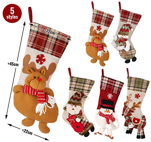 ABSOFINE Christmas Stocking 18" Large Xmas Sock Burlap Plaid Stockings with Personalized 3D Design Snowflake Santa Snowman Reindeer for Family Christmas Tree Gift, Set of 5