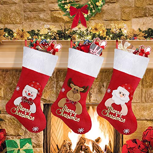 SHareconn Christmas Stockings Set of 3,Package Content 18" Santa, Snowman, Reindeer, Party Large Xmas Stockings Home Decor,for Tree Decoration Christmas Ornament Candy Bags.
