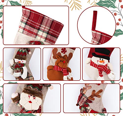 ABSOFINE Christmas Stocking 18" Large Xmas Sock Burlap Plaid Stockings with Personalized 3D Design Snowflake Santa Snowman Reindeer for Family Christmas Tree Gift, Set of 5
