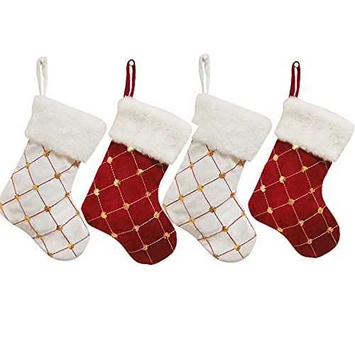 HANTURE Christmas Stockings 4 Pack for Family 9 Inch Mini Embroidery Gold Sequins Christmas Stockings White Luxury Faux Fur Xmas Stocking for Xmas Tree Holiday Party Decoration