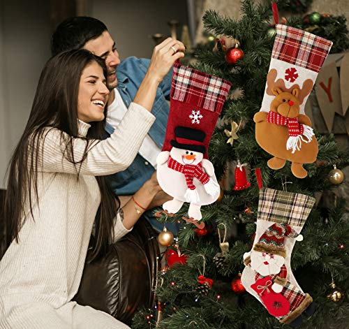 ABSOFINE Christmas Stocking 18" Large Xmas Sock Burlap Plaid Stockings with Personalized 3D Design Snowflake Santa Snowman Reindeer for Family Christmas Tree Gift, Set of 5