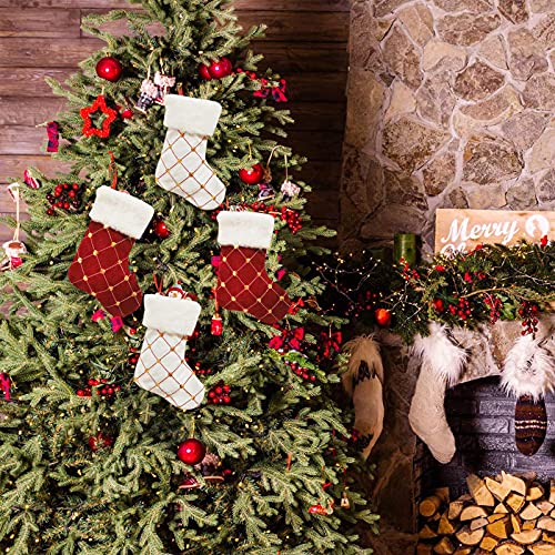 HANTURE Christmas Stockings 4 Pack for Family 9 Inch Mini Embroidery Gold Sequins Christmas Stockings White Luxury Faux Fur Xmas Stocking for Xmas Tree Holiday Party Decoration