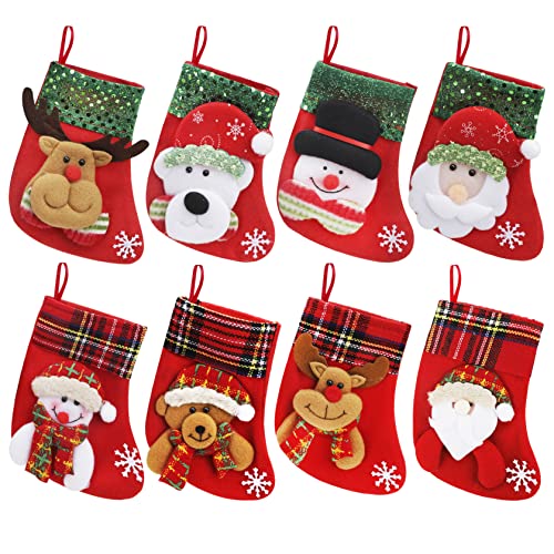8PCS Mini Christmas Stockings Gift Treat Bags Small Christmas Stockings Santa Snowman Reindeer Xmas Stocking Hanging Christmas Stockings for Xmas Party Gift Filler Fireplace Christmas Tree Decoration