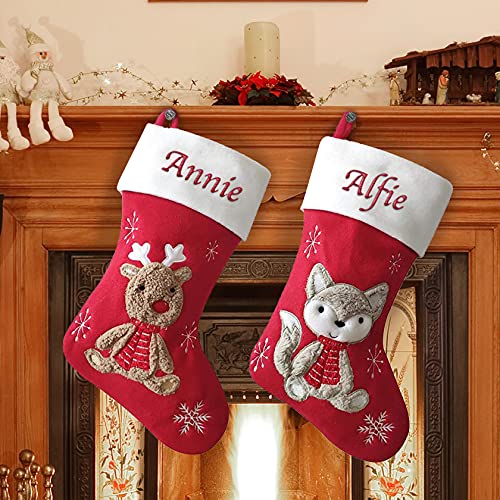 Personalised Embroidered Christmas Stocking Red Kid's Fluff Fox Design Xmas Stockings Baby Kids Children 1st