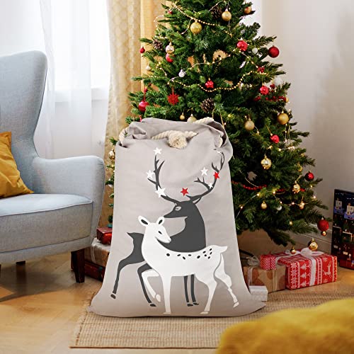 TRIXES Large Grey Canvas Christmas Stocking Reindeer Sack/Bag 70cm x 45cm - Perfect for Xmas Presents or Improving Your Stocking Gifts - Great for Kids/Adults