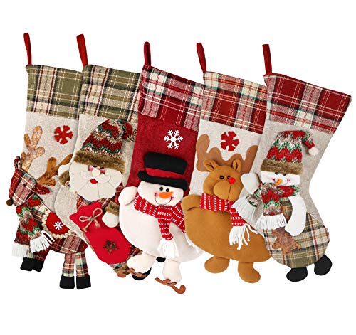 ABSOFINE Christmas Stocking 18" Large Xmas Sock Burlap Plaid Stockings with Personalized 3D Design Snowflake Santa Snowman Reindeer for Family Christmas Tree Gift, Set of 5