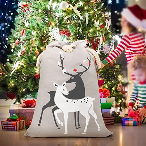 TRIXES Large Grey Canvas Christmas Stocking Reindeer Sack/Bag 70cm x 45cm - Perfect for Xmas Presents or Improving Your Stocking Gifts - Great for Kids/Adults