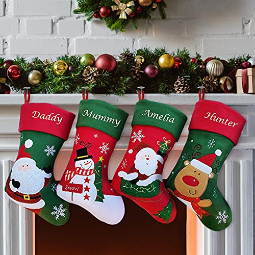 Personalised Family Christmas Stockings Custom Red and Green Embroidered Christmas Stocking w/ Name Satin Lining - Reindeer Red Cuff Choose Design Personalised Stocking Christmas Decorations Kids