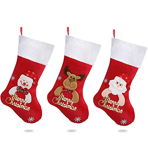 SHareconn Christmas Stockings Set of 3,Package Content 18" Santa, Snowman, Reindeer, Party Large Xmas Stockings Home Decor,for Tree Decoration Christmas Ornament Candy Bags.
