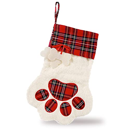 unel Pet Dog Christmas Stocking, Dog Paw Hanging Christmas Dog Stockings for Xmas Decorations, Puppy Festive Stocking, 18x11 inch