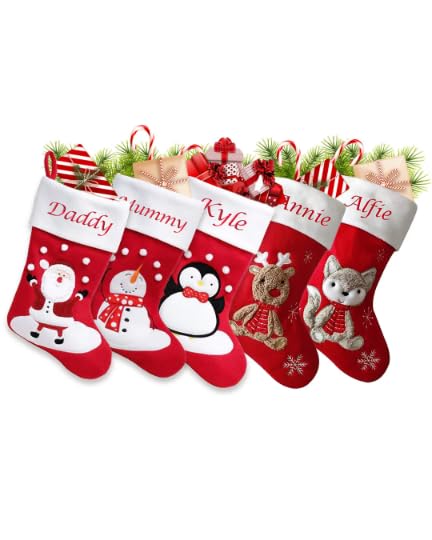 Personalised Embroidered Christmas Stocking Red Kid's Fluff Fox Design Xmas Stockings Baby Kids Children 1st