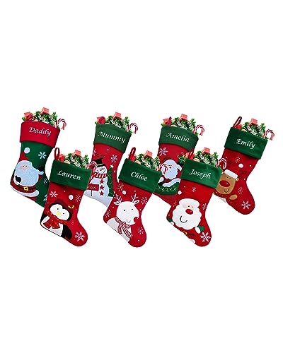 Personalised Family Christmas Stockings Custom Red and Green Embroidered Christmas Stocking w/ Name Satin Lining - Reindeer Red Cuff Choose Design Personalised Stocking Christmas Decorations Kids