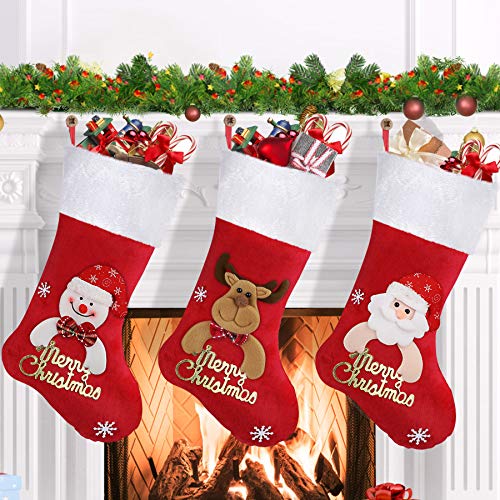 SHareconn Christmas Stockings Set of 3,Package Content 18" Santa, Snowman, Reindeer, Party Large Xmas Stockings Home Decor,for Tree Decoration Christmas Ornament Candy Bags.