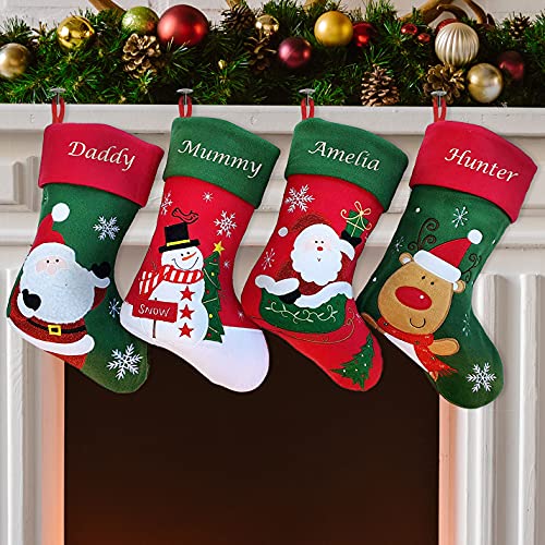 Personalised Family Christmas Stockings Custom Red and Green Embroidered Christmas Stocking w/ Name Satin Lining - Reindeer Red Cuff Choose Design Personalised Stocking Christmas Decorations Kids