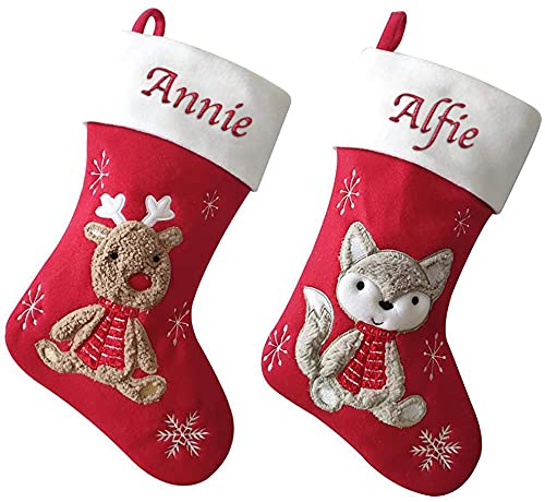 Personalised Embroidered Christmas Stocking Red Kid's Fluff Fox Design Xmas Stockings Baby Kids Children 1st