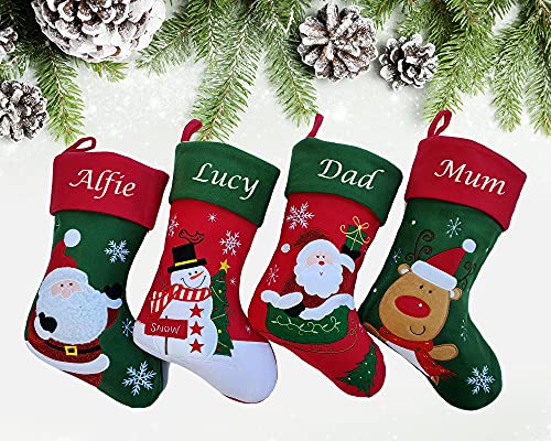 Personalised Family Christmas Stockings Custom Red and Green Embroidered Christmas Stocking w/ Name Satin Lining - Reindeer Red Cuff Choose Design Personalised Stocking Christmas Decorations Kids