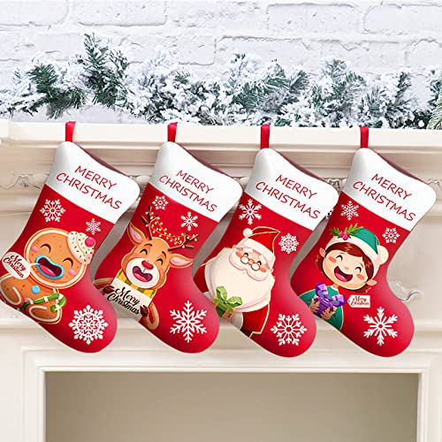 4PCS Red Christmas Stocking Set Fireplace Hanging Socks Santa Claus Elk Gingerbread Man Various Styles Children's Gifts Christmas Party Home Decoration Christmas Decoration Items (6.29*10.62*9.84)