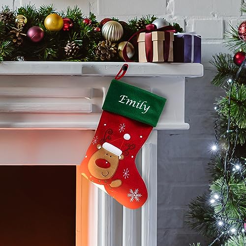 Personalised Family Christmas Stockings Custom Red and Green Embroidered Christmas Stocking w/ Name Satin Lining - Reindeer Red Cuff Choose Design Personalised Stocking Christmas Decorations Kids