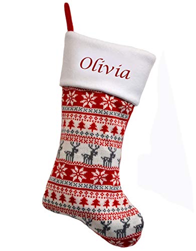 Hoolaroo Personalised FairIsle 40cm Knit Christmas Stocking Red Cream Boot Xmas Stocking Knitted