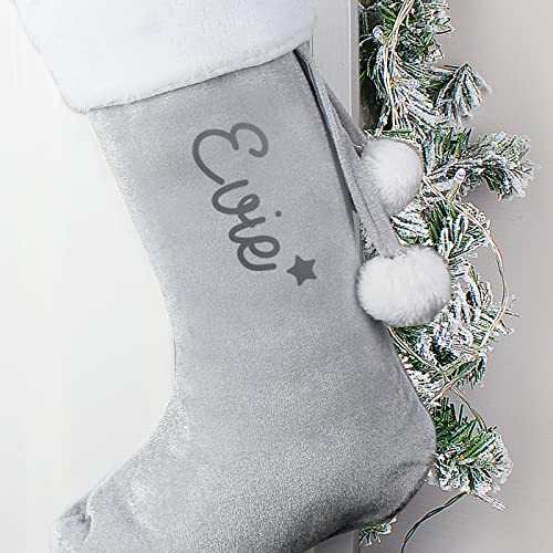 Custom Personalised Christmas Name Only Luxury Silver Grey Stocking with pom poms