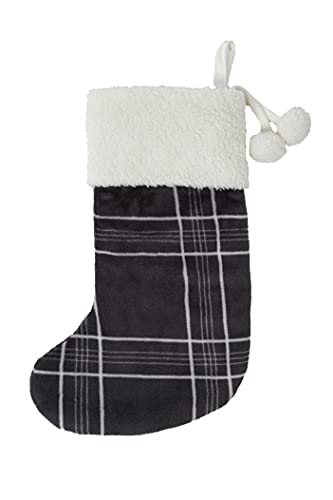 Sleepdown Printed Check Fleece With Sherpa Christmas Stocking With Pompom - 45 x 20cm - Charcoal
