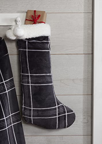 Sleepdown Printed Check Fleece With Sherpa Christmas Stocking With Pompom - 45 x 20cm - Charcoal