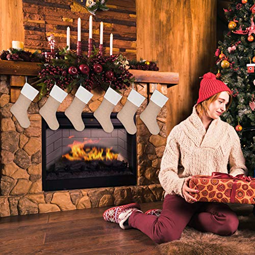 Sunshane Burlap Christmas Stockings Xmas Fireplace Hanging Stockings Decoration Stockings for Christmas Decoration DIY Craft (Flaxen, 6)