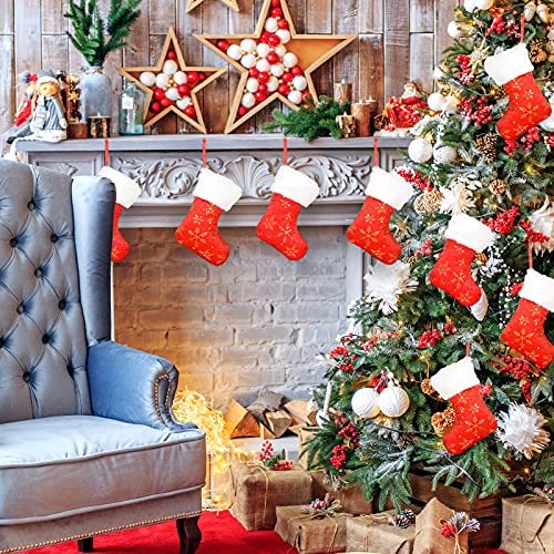 Qpout Xmas Stocking, 8 Pcs Red and White Personalized Christmas Stocking with Gold Snowflake Embroidery for Christmas Ornament Xmas Decoration Mini Stockings Gift Bag for Christmas Tree Decorations