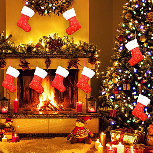 Qpout Xmas Stocking, 8 Pcs Red and White Personalized Christmas Stocking with Gold Snowflake Embroidery for Christmas Ornament Xmas Decoration Mini Stockings Gift Bag for Christmas Tree Decorations