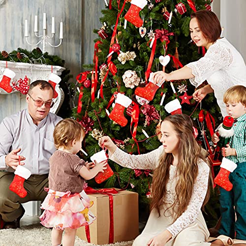 Qpout Xmas Stocking, 8 Pcs Red and White Personalized Christmas Stocking with Gold Snowflake Embroidery for Christmas Ornament Xmas Decoration Mini Stockings Gift Bag for Christmas Tree Decorations