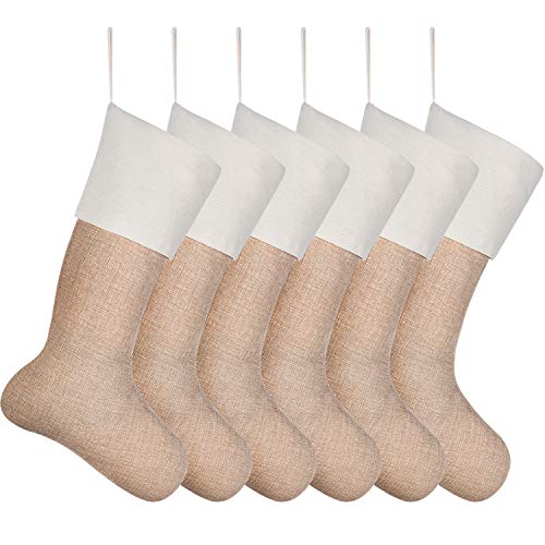Sunshane Burlap Christmas Stockings Xmas Fireplace Hanging Stockings Decoration Stockings for Christmas Decoration DIY Craft (Flaxen, 6)