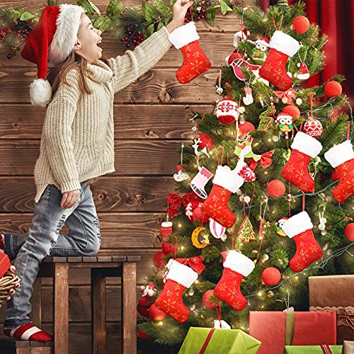 Qpout Xmas Stocking, 8 Pcs Red and White Personalized Christmas Stocking with Gold Snowflake Embroidery for Christmas Ornament Xmas Decoration Mini Stockings Gift Bag for Christmas Tree Decorations