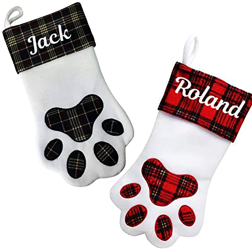 Hoolaroo Personalised Dog Christmas Stocking With Name Xmas Santa Pet Stockings Tartan Paw (Black)